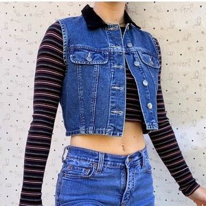 Denim vest with black collar